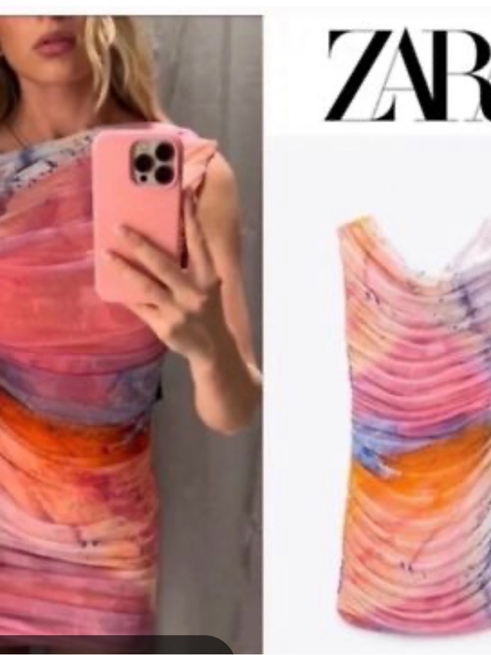 ZARA Pink and Orange Tie-Dye Ruched Sleeveless mini dress
